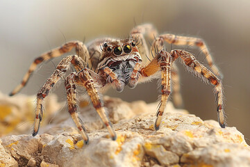 Fototapeta premium A stunning image of a majestic spider perched gracefully on a rugged rock, ideal for nature enthusiasts and wildlife lovers looking for captivating visuals to enhance their projects 
