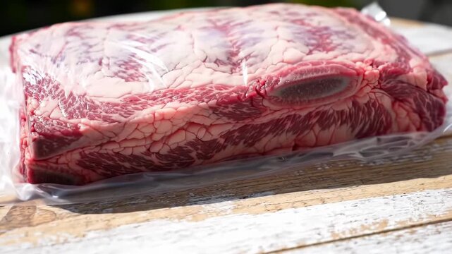 A fresh, marbled cut of raw beef ribs in a vacuum-sealed plastic wrap, placed on a wooden surface