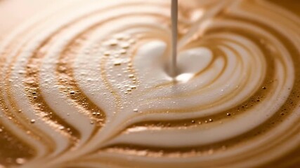 Creamy milk pouring into rich coffee, creating latte art swirls for a delicious cappuccino experience, perfect for a cozy cafe vibe and morning indulgence