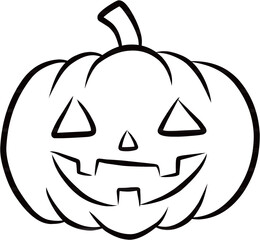 A simple black and white line drawing of a carved Halloween pumpkin with a spooky face.