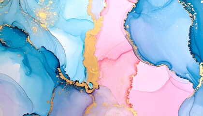 Abstract fluid art featuring vibrant blue, pink, and gold colors blending seamlessly in a captivating design