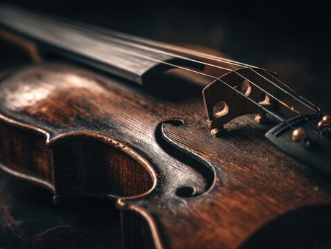 Close-up shot of a well-worn wooden instrument, highlighting the strings and intricate details