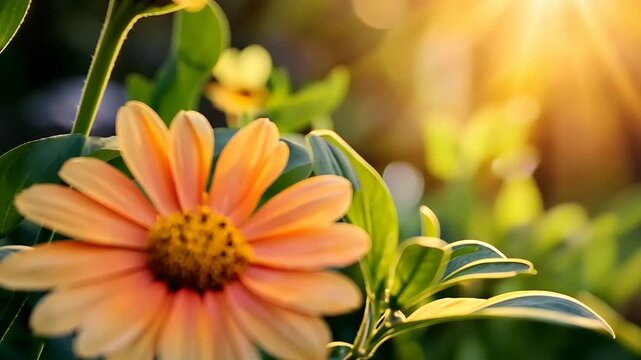 Sun-kissed orange blossom blooming in a summer garden during a serene and beautiful sunset