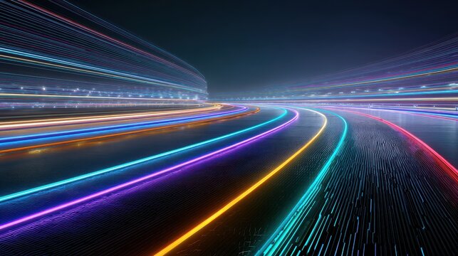 Dynamic Neon Light Trails - Abstract Futuristic Cityscape at Night, Speed and Motion.