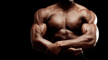 Fototapeta premium A muscular man with defined muscles, showcasing his physique against a black background.