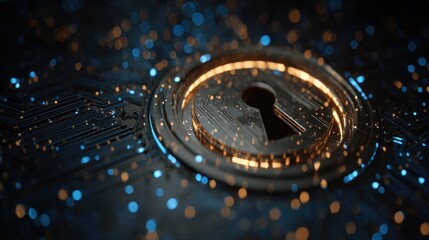 A golden keyhole on a circuit board with blue and orange lights.