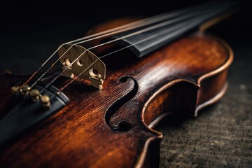 Fototapeta premium Close-up shot of a detailed wooden violin, showcasing the strings, bridge, and intricate body with textures