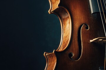 Partial shot of a cello highlighting the f-hole, grain, and wood's warm tone