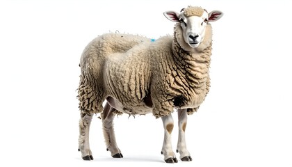 Naklejka premium A fluffy sheep stands proudly with a unique posture, showcasing its woolly coat against a plain background