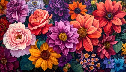 Vibrant floral arrangement showcasing a variety of colorful flowers in full bloom against a lush backdrop