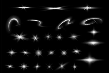 Light effect set. Glow isolated white transparent light effect set, lens flare, explosion, glitter, dust, line, sun flash, spark and stars, spotlight, curve twirl