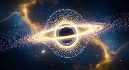 Abstract Illustration of a Black Hole Warping Spacetime with a Brilliant Accretion Disk in a Starry Cosmic Environment, representing gravitational forces and cosmic phenomena