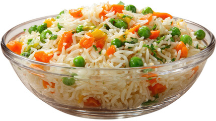 A clear bowl filled with rice carrots and peas on transparent background	
