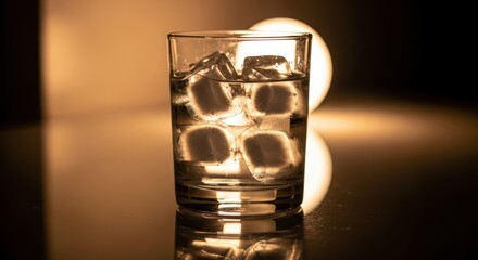 Glass of iced beverage with ice cubes and warm lighting.