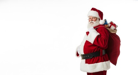 Fototapeta premium A jolly Santa Claus in his traditional red suit with a white beard, carrying a sack full of gifts over his shoulder.