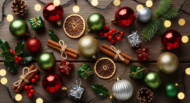 A festive overhead view of Christmas ornaments, cinnamon sticks, dried oranges, pinecones, and fairy lights arranged on a wooden surface.