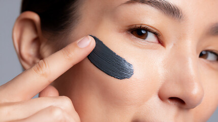 hand applying charcoal clay mask to face