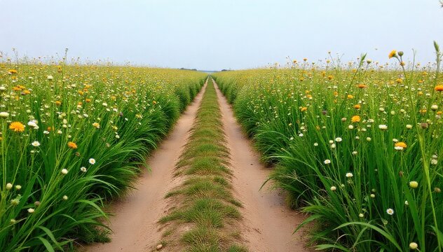 Mayflower Meadow Path A winding, sun dappled path through a meadow filled with blooming Mayflowers and wild grasses. A gently winding dirt path disappearing into a sun dappled meadow. The path is