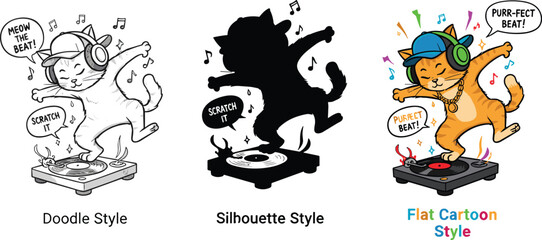 Obraz premium Cartoon DJ Cat Dancing on Turntable, Music Lover Vector IllustrationCartoon DJ Cat Dancing on Turntable, Music Lover Vector Illustration