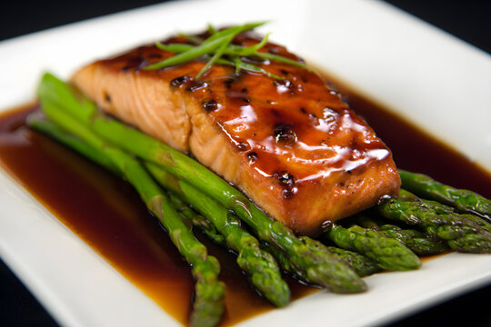 Glazed salmon fillet served on a bed of asparagus with soy sauce on a white plate. Food concept