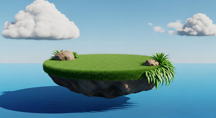 Floating Island with Green Grass and Rocks in Ocean
