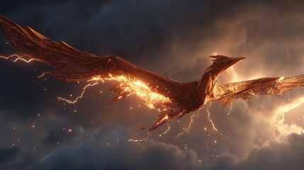 Fiery Phoenix Rising - Majestic Bird with Lightning in Stormy Sky, Fantasy Art.