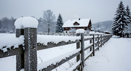 A wooden fence covered in snow leads towards a house nestled in a snowy landscape with pine trees.