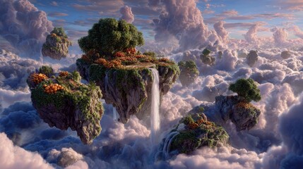 Floating Islands Cascade Through Dreamy Clouds, Lush Greenery, and Ethereal Waterfalls.