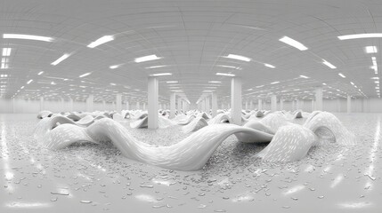 Flowing White Organic Sculpture in a Luminous, Futuristic Panoramic Hall.