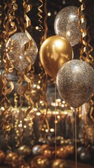 Festive Balloons and Golden Streamers - A Celebration of Light and Sparkle.