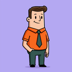 A cartoon illustration of a relaxed man in a short-sleeved orange shirt and dark tie, standing with one hand in his pocket against a purple background.