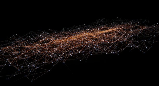 A network of connected lines showing a deep learning visualization with 3d neural connections glowing in dark room, stock photography style