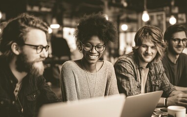 Collaborative team of professionals engaged in work around a laptop during a brainstorming session