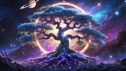 Fantasy Cosmic Scene Tree of Life Illuminated in Space