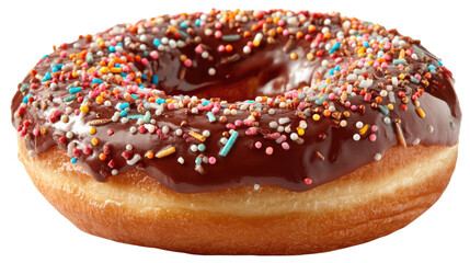 A chocolate donut with sprinkles on transparent background	
