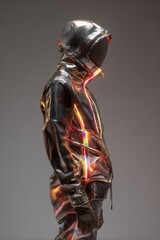 Futuristic Cyberpunk Figure in Glowing Neon-Lined Hooded Suit, Sci-Fi Aesthetic.