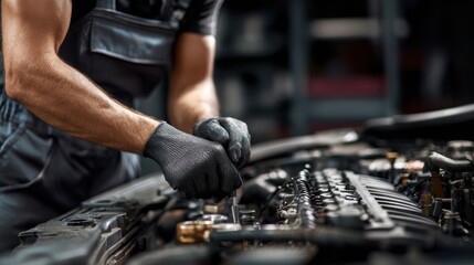 Mechanic working on car engine, hands in gloves, automotive repair.