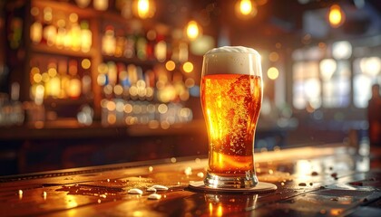 A tall glass of golden amber beer with frothy white head rests on a wet wooden bar top with scattered droplets and condensation in a dimly lit pub interior with warm bokeh background lights