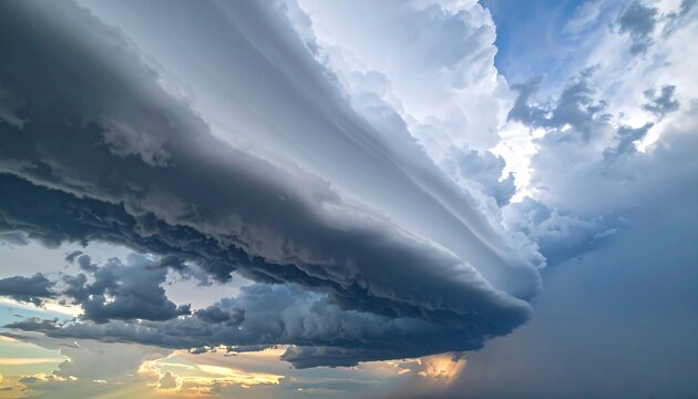 A dramatic, high-angle view of a shelf cloud formation. Dark, rolling layers contrast with the sunlit sky. Rain falls below