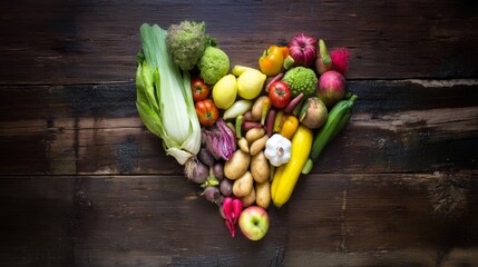 shallow. Fresh vegetables arranged in heart shape on rustic wooden table with warm natural tones and soft lighting. menu design.