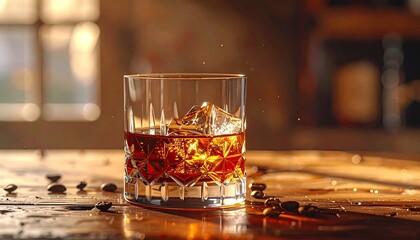 A Tumbler Glass Filled With Amber Colored Liquor And Ice Cubes Sits On A Wooden Surface With Scattered Coffee Beans And A Softly Blurred Background 