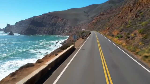 A coastal highway curves along a rocky shoreline under a bright blue sky, revealing the ocean - Powered by Adobe