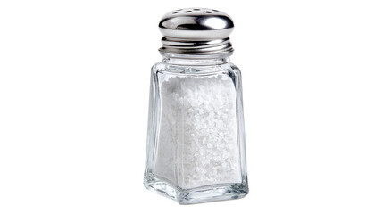 Glass salt shaker, Salt shaker on transparent background, top view	
