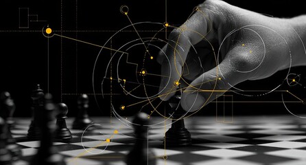 Human hand moving chess piece on checkered board, with abstract data visualization overlay