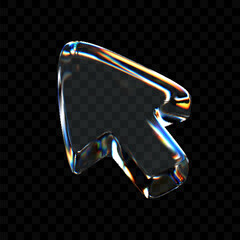 3D glass arrow icon with holographic reflection on dark background. Realistic refraction and dispersion effects. Modern gradient cursor element.