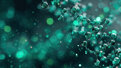 Close-up of molecular structure with a teal and bokeh effect background, representing science