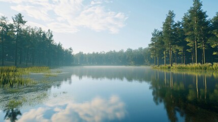 Fototapeta premium Peaceful Lakeside Forest Scenery Reflecting Clear Blue Sky and Clouds