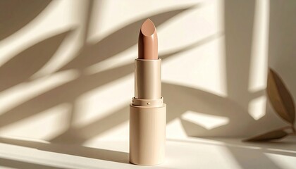 A Neutral Toned Lipstick In Its Beige Casing Stands Tall Against A Textured White Surface With Soft Sunlight Casting Leafy Shadows And A Delicate Branch On The Right.