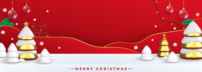 Festive Merry Christmas banner featuring a studio table with a decorated Christmas tree. Holiday background with ornaments, snowflakes, and warm winter atmosphere.