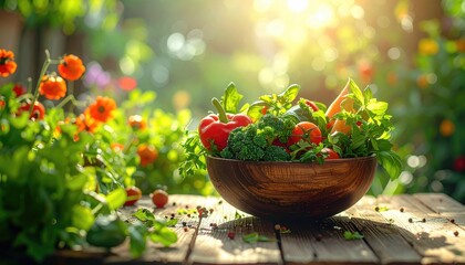 A Rustic Bowl Overflowing With Freshly Harvested Colorful Vegetables Sits On A Wooden Table Outdoors Bathed In Golden Sunlight